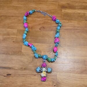 Turquoise and Pink Stone Cross Necklace